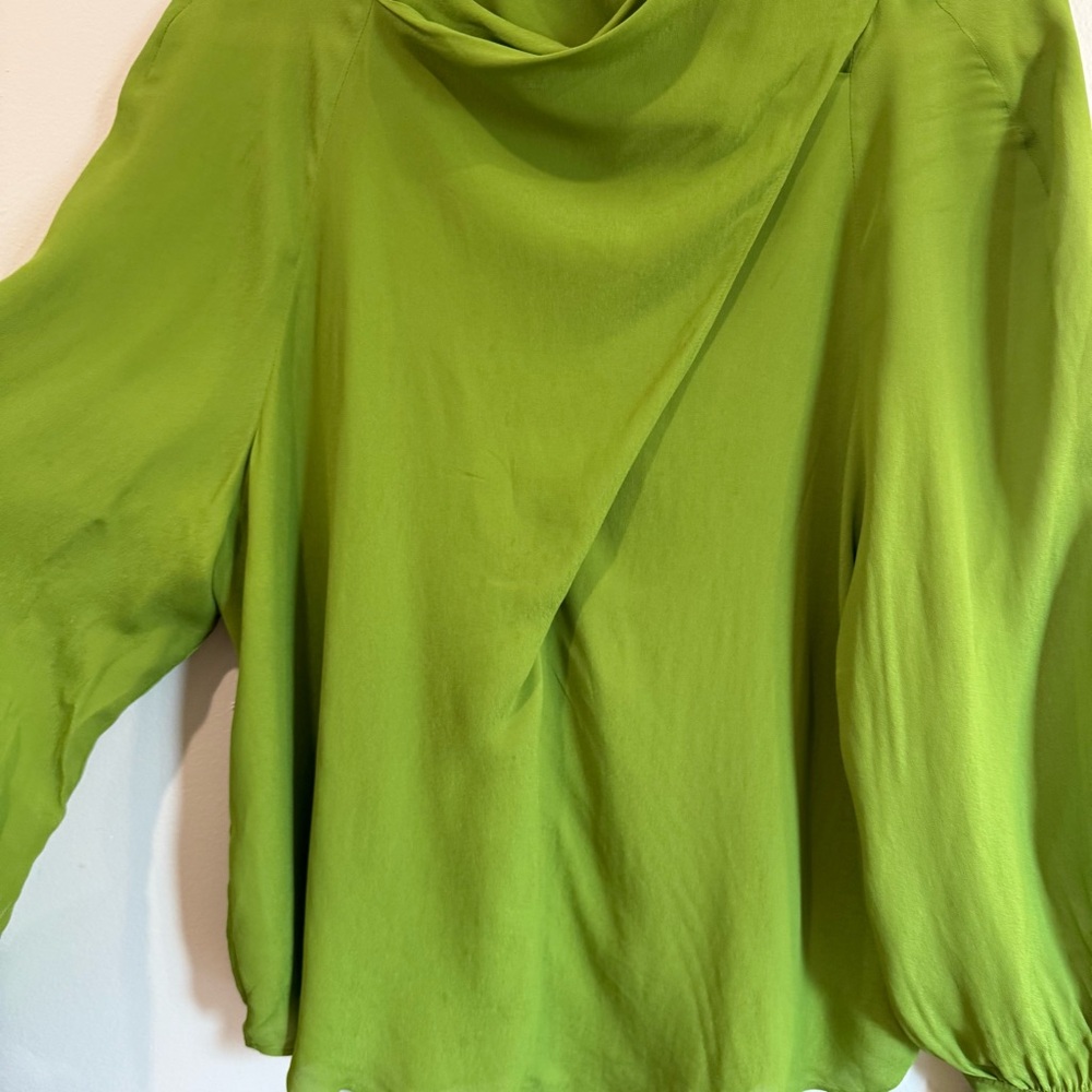 Zara | Green Flowy Satin Drape Long Sleeve Blouse - Picture 13 of 16